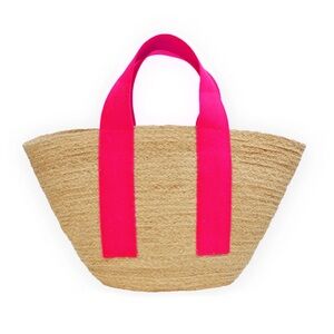 NWT Natural Straw Tote with Bright Pink Handles